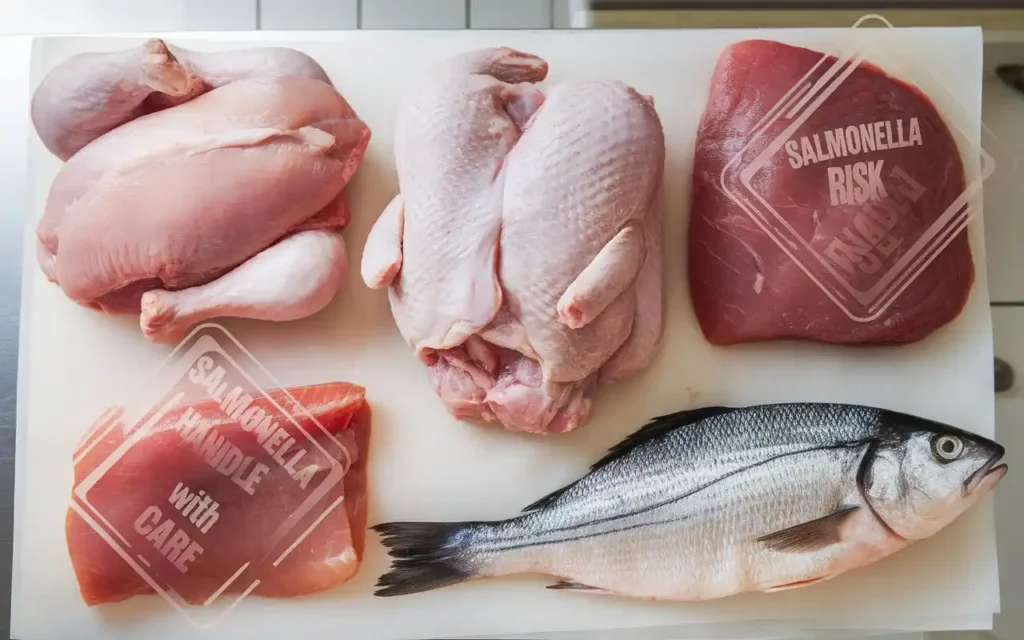 A collection of raw meat cuts with warning signs about contamination