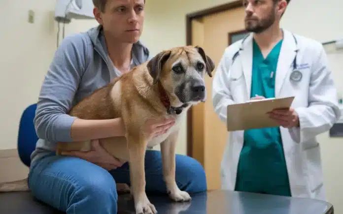 A distressed dog owner holding their sick dog, symbolizing the risks of raw diets.