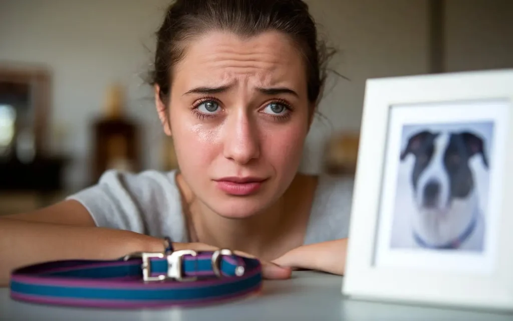 A grieving dog owner sitting next to their pet’s collar on a table.
