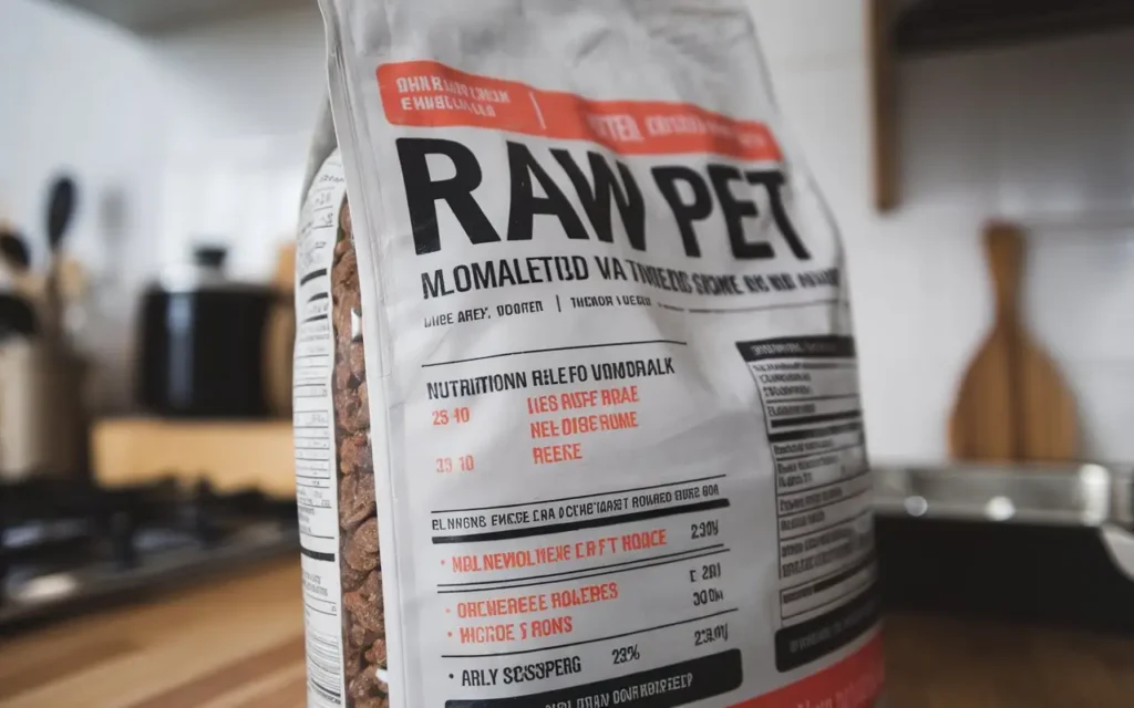 A mislabeled package of raw dog food with incorrect nutritional info.
