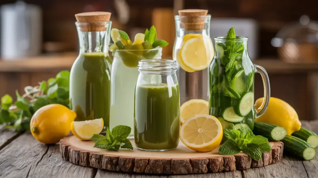 Detox juices and a water bottle on a wooden counter