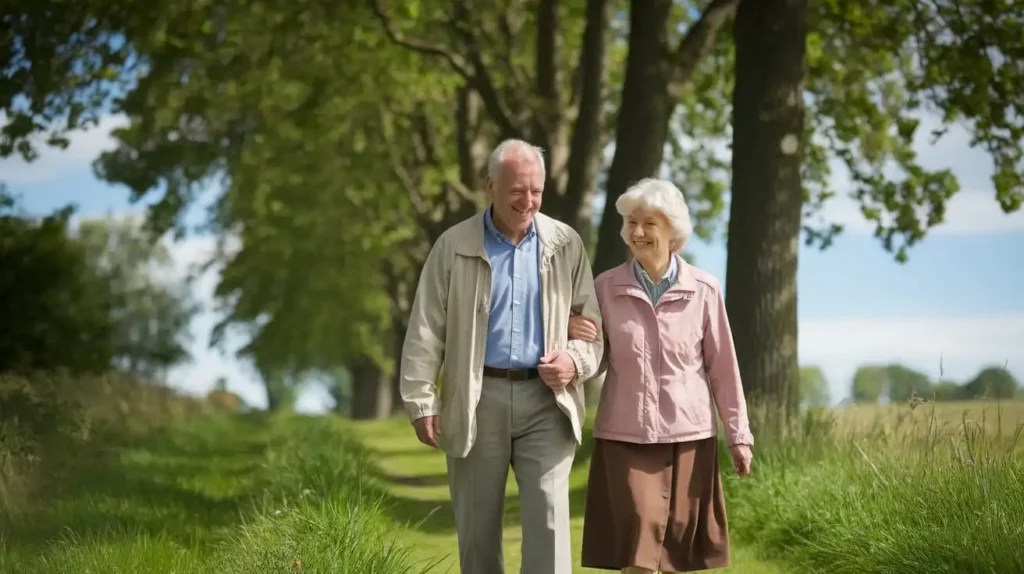 A happy elderly couple walking outdoors in nature