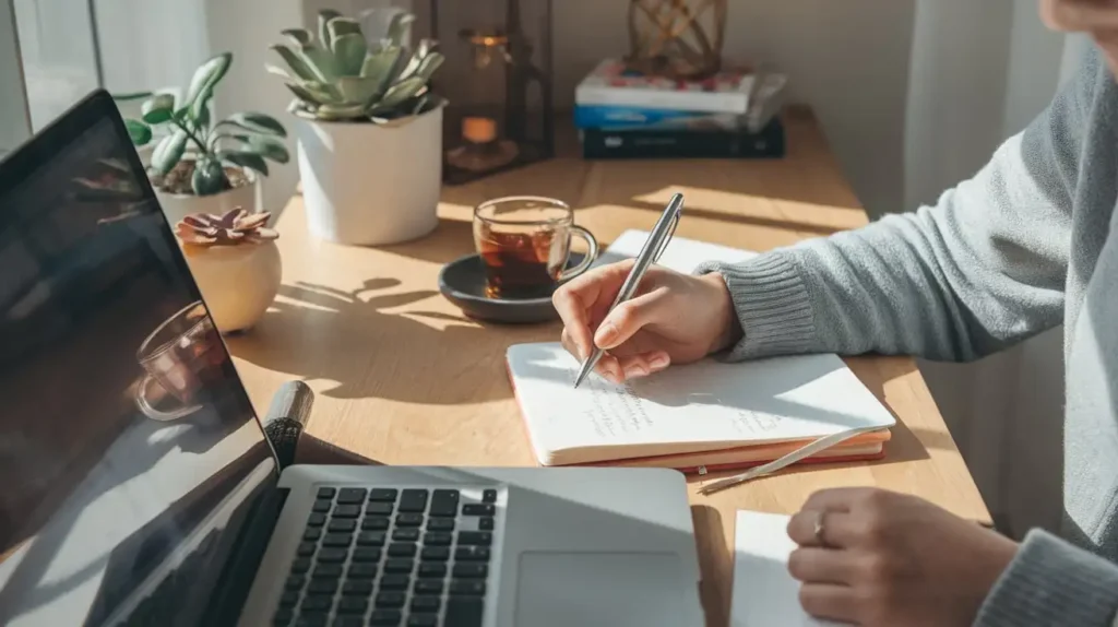 A person journaling with a focused expression in a bright room.