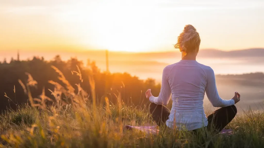 A serene individual meditating outdoors during sunrise