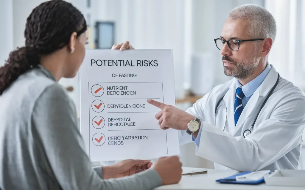 Doctor explaining fasting risks to a patient using a chart