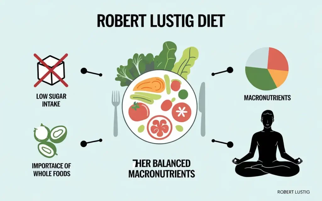 Illustration of the core principles of the Robert Lustig Diet with focus on sugar reduction and whole foods