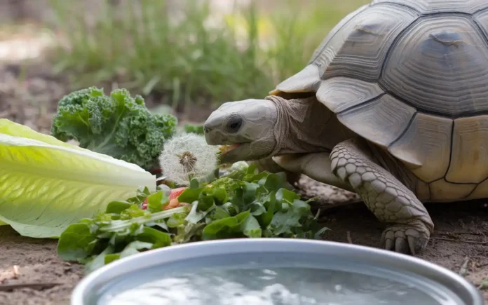 A Russian tortoise eating fresh leafy greens, illustrating a balanced diet