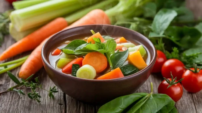 A bowl of Sacred Heart Diet Soup with fresh vegetables.