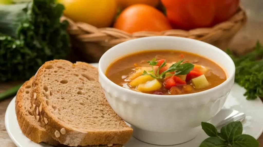 Sacred Heart Diet Soup served on a wooden table. 