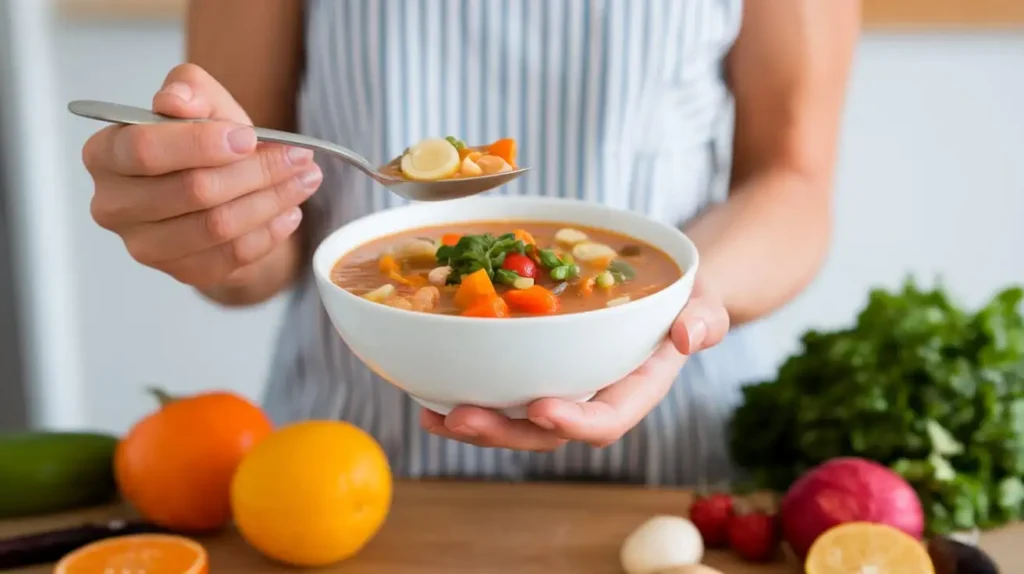 A woman enjoying Sacred Heart Diet Soup.