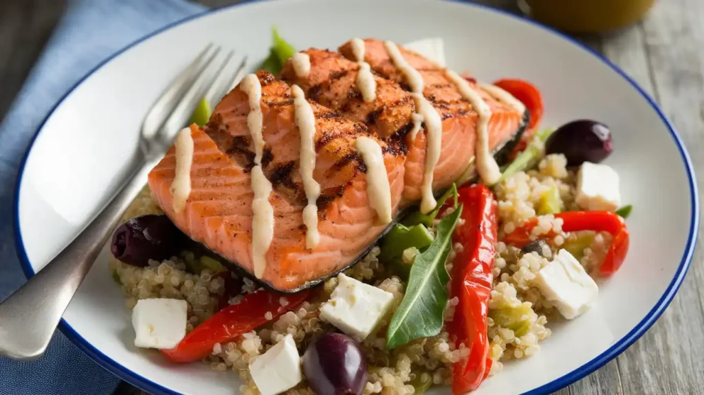 mediterranean diet fish salmon with roasted red pepper quinoa salad.