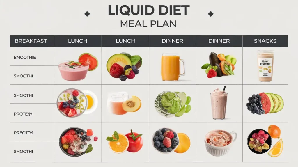 A visual representation of a sample liquid diet meal plan for post-oral surgery recovery.