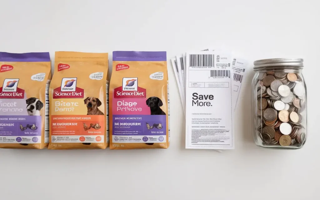 Illustration of Science Diet dog food coupons with a savings jar