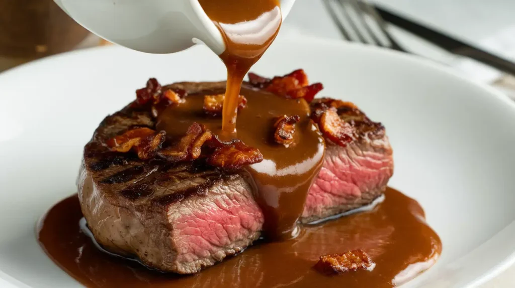 Thick bacon drippings gravy poured over a steak
