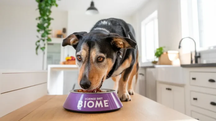 Happy dog enjoying a meal of Science Diet Biome pet food