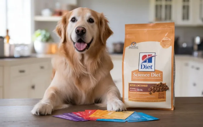 A happy dog next to a bowl of Science Diet food with coupons on a table