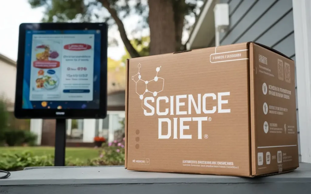 Delivery box labeled Science Diet dog food with coupons on top