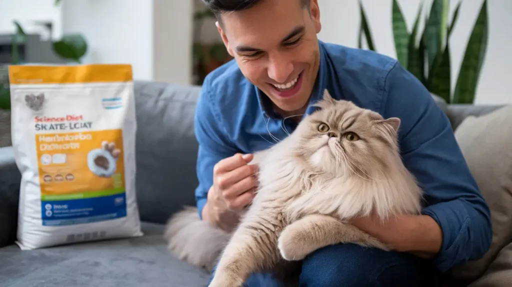 Happy cat owner playing with her cat after using Science Diet Hairball Control