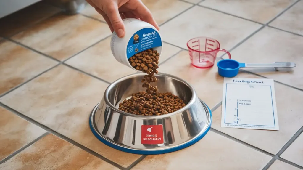 A measured scoop of Science Diet Light Dog Food being poured into a bowl.