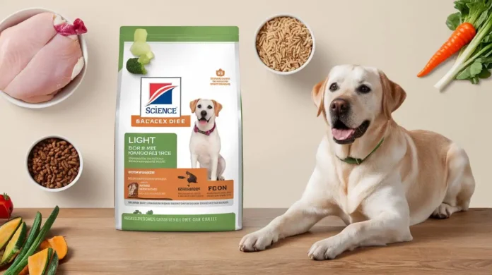 A bag of Science Diet Light Dog Food with a smiling Labrador next to it.