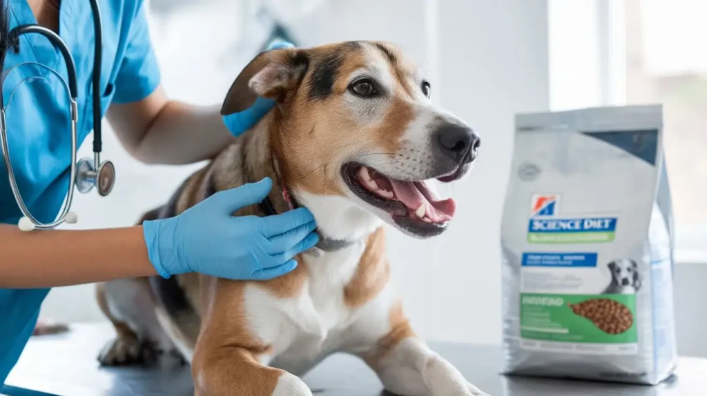 A veterinarian examining a dog’s shiny coat and teeth.