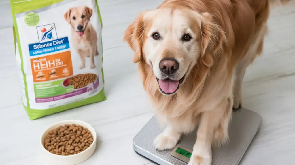 A golden retriever stepping on a scale while eating Science Diet Light Dog Food.