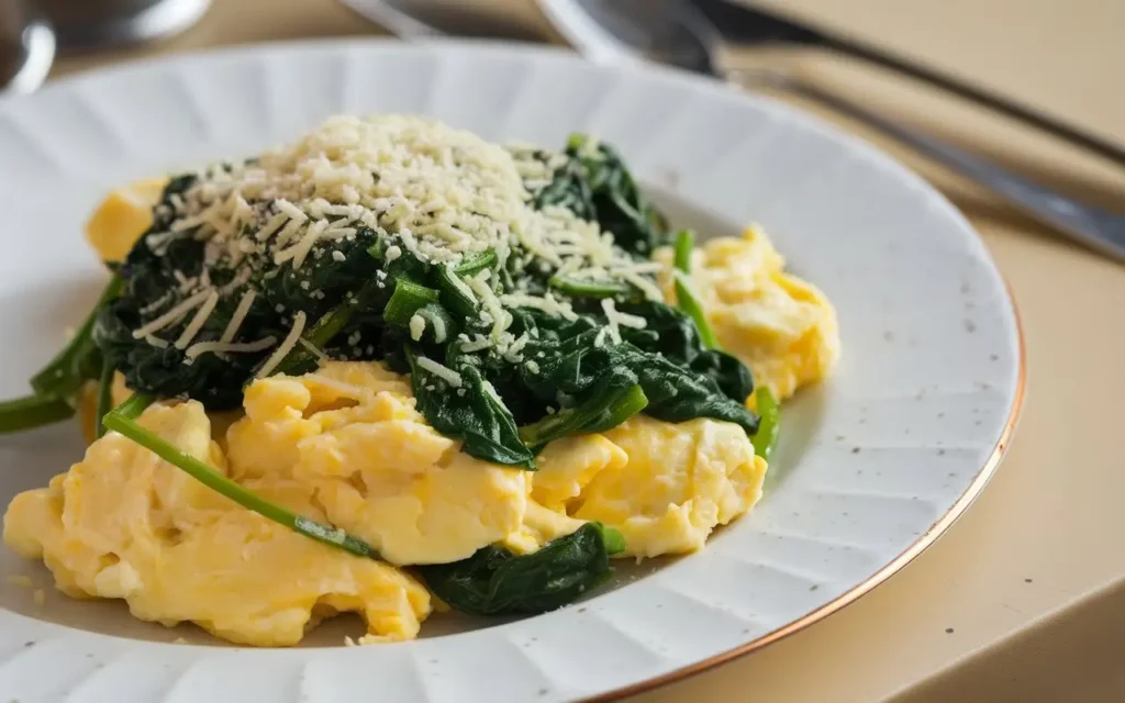 Scrambled eggs with sautéed spinach