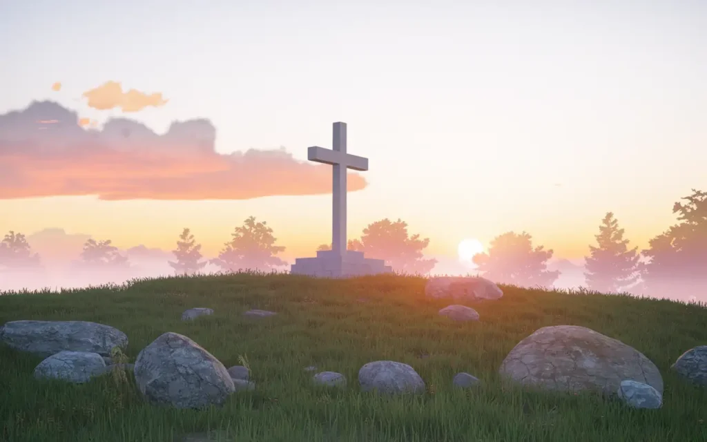 A serene landscape with a cross, symbolizing scripture for fasting and healing