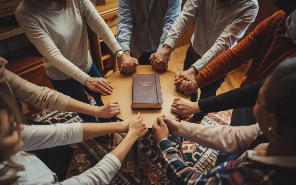 A group of people holding hands in prayer, uniting over scripture for fasting