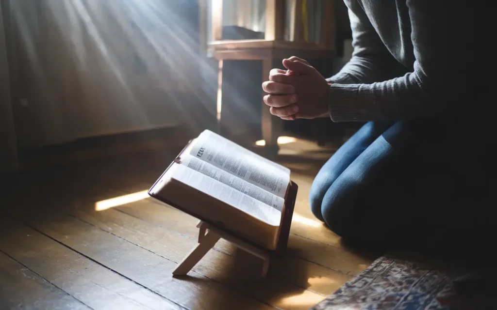 A person kneeling in prayer beside an open Bible, reflecting on scripture for fasting