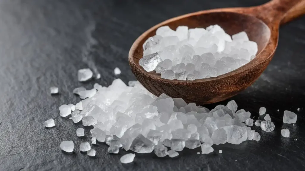 Close-up of coarse sea salt crystals in a wooden spoon