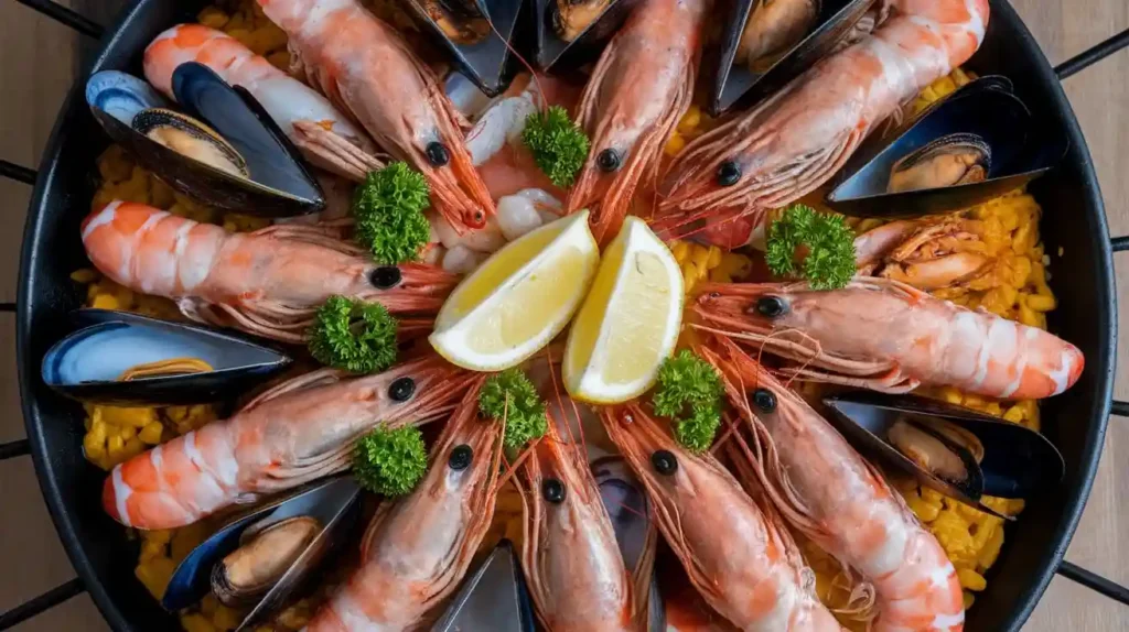 Mediterranean seafood paella in a pan