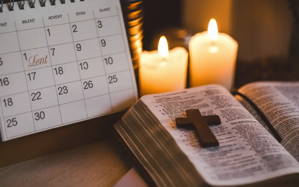 A calendar and a Bible depicting seasonal fasting in Christianity.
