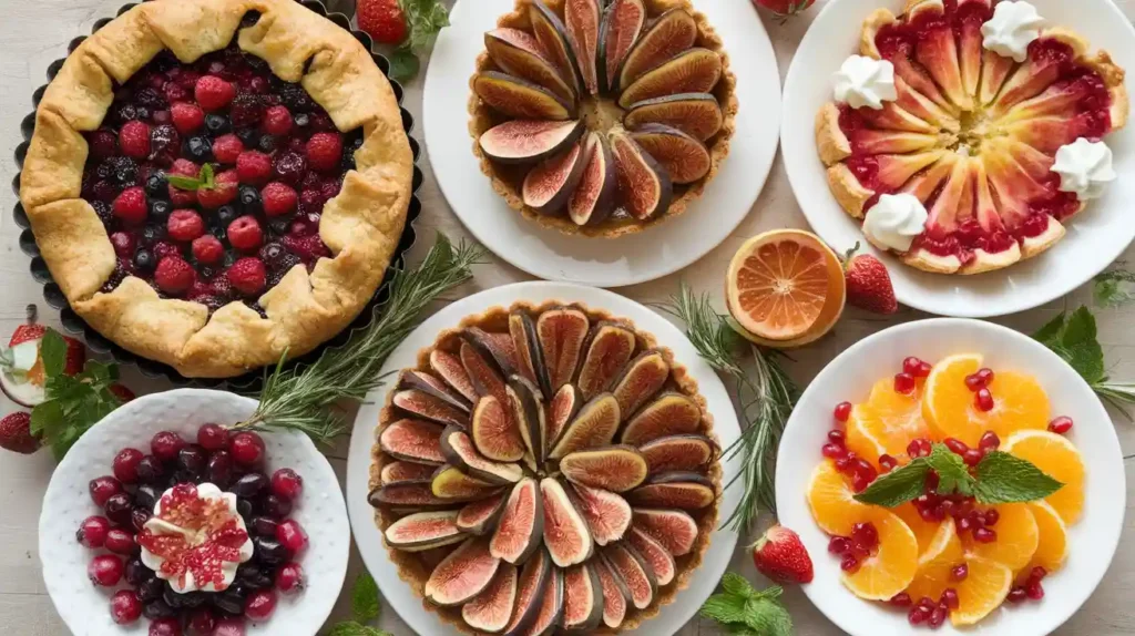 A platter featuring seasonal Mediterranean desserts, such as a summer berry galette and autumn fig tart.