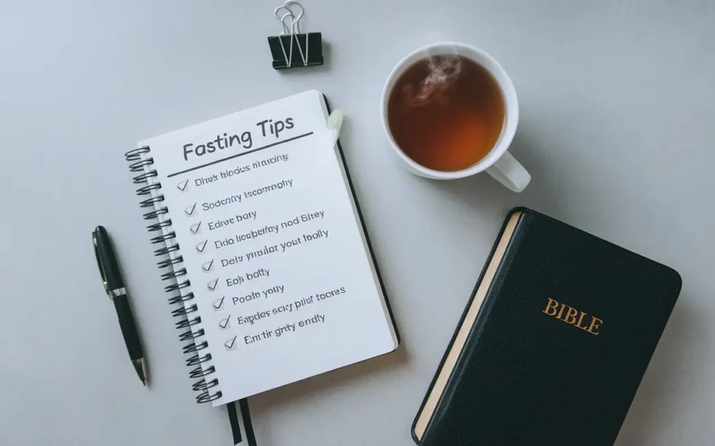 A checklist for fasting guidelines beside a cup of herbal tea