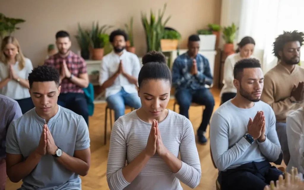 A group of people holding hands in prayer during a sermon on fasting