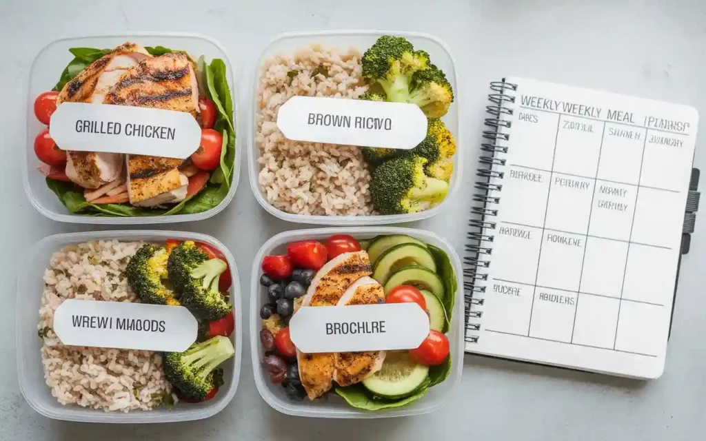 A weekly meal plan for the shred diet with labeled containers of food.
