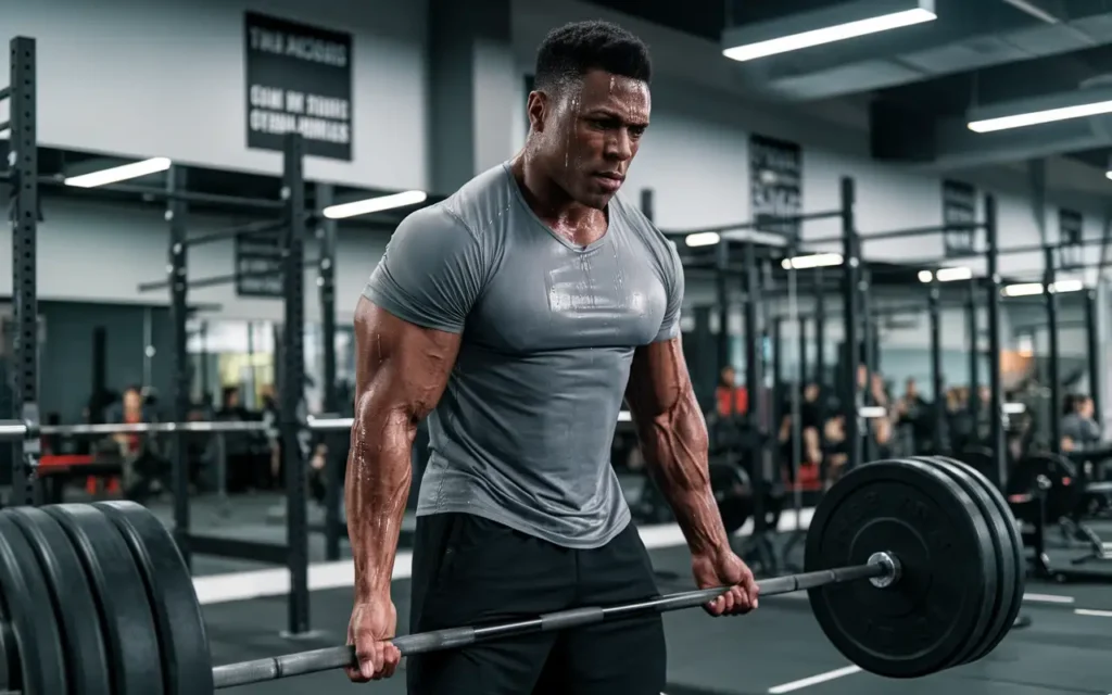 A man performing a deadlift in a gym, emphasizing the strength training focus of the shred diet.
