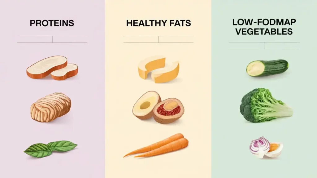 A detailed chart listing SIBO-friendly foods by category.