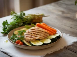 A vibrant plate of SIBO-friendly foods including grilled chicken, steamed zucchini, and olive oil.