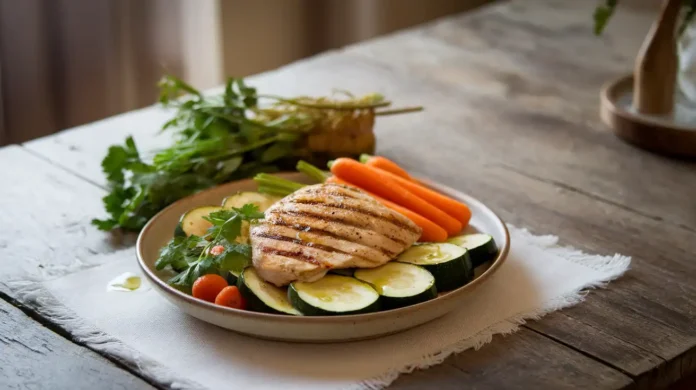 A vibrant plate of SIBO-friendly foods including grilled chicken, steamed zucchini, and olive oil.