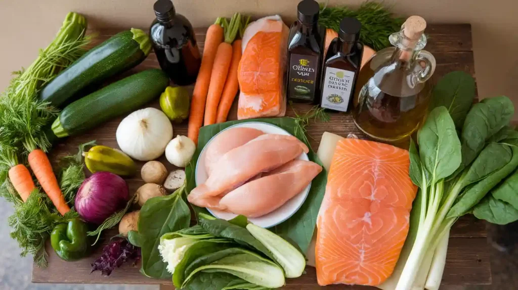 A variety of fresh vegetables and proteins organized into a SIBO diet food list.