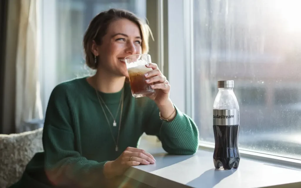 A woman enjoying a glass of SodaStream Diet Coke while holding a reusable bottle.
