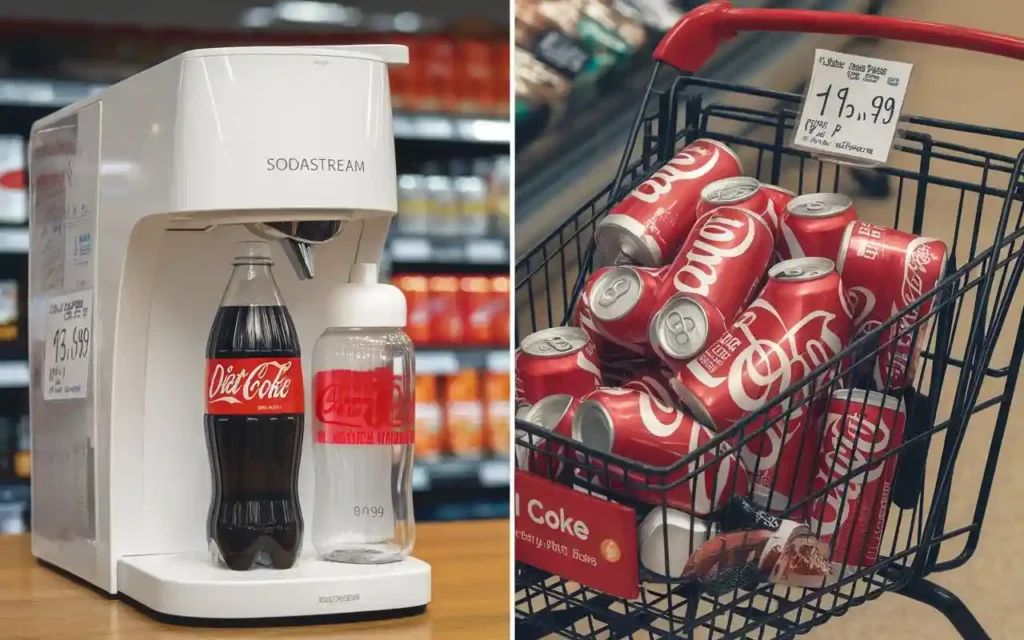 A comparison of SodaStream and store-bought Diet Coke with price tags.
