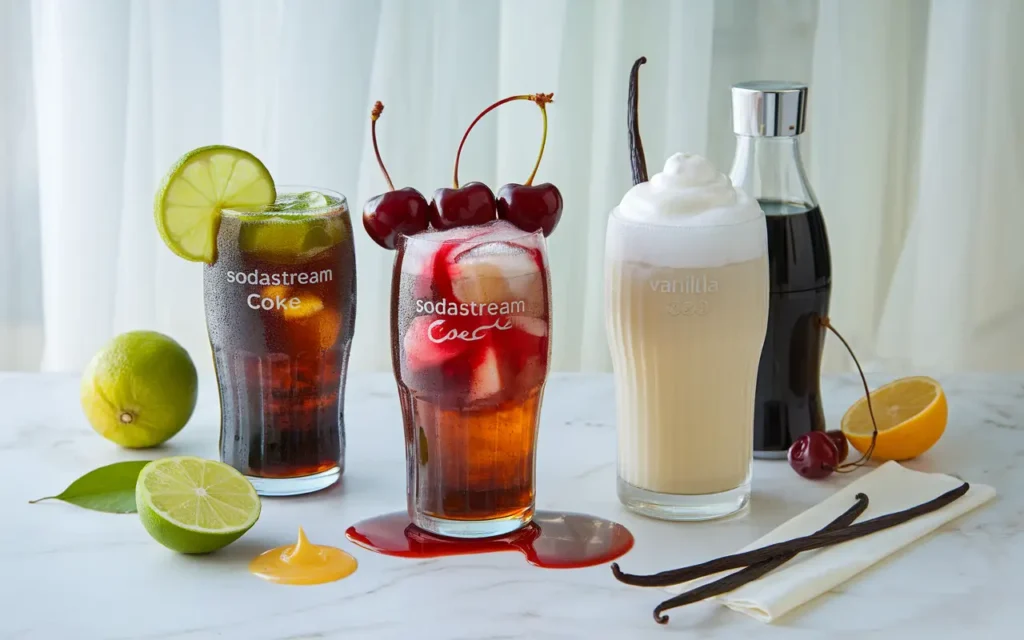 Glasses of SodaStream Diet Coke with lime, cherry, and vanilla variations.
