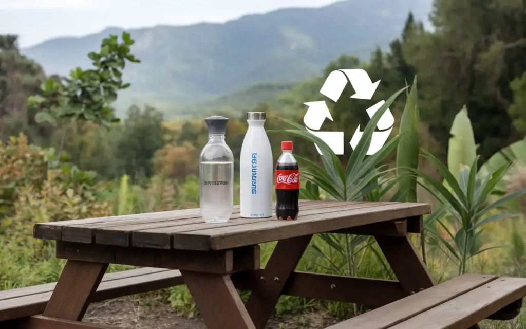 SodaStream bottles and Diet Coke syrup against a green, eco-friendly backdrop