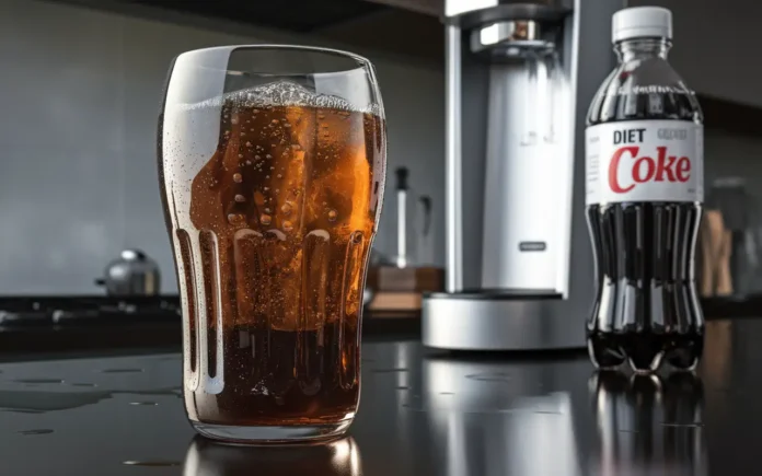 A freshly poured glass of SodaStream Diet Coke on a kitchen counter with bubbles rising.