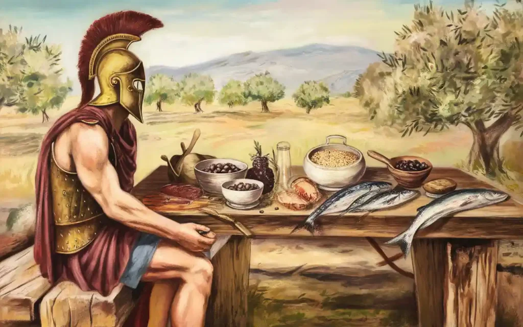 A historic depiction of a Spartan warrior with a focus on ancient diet habits.
