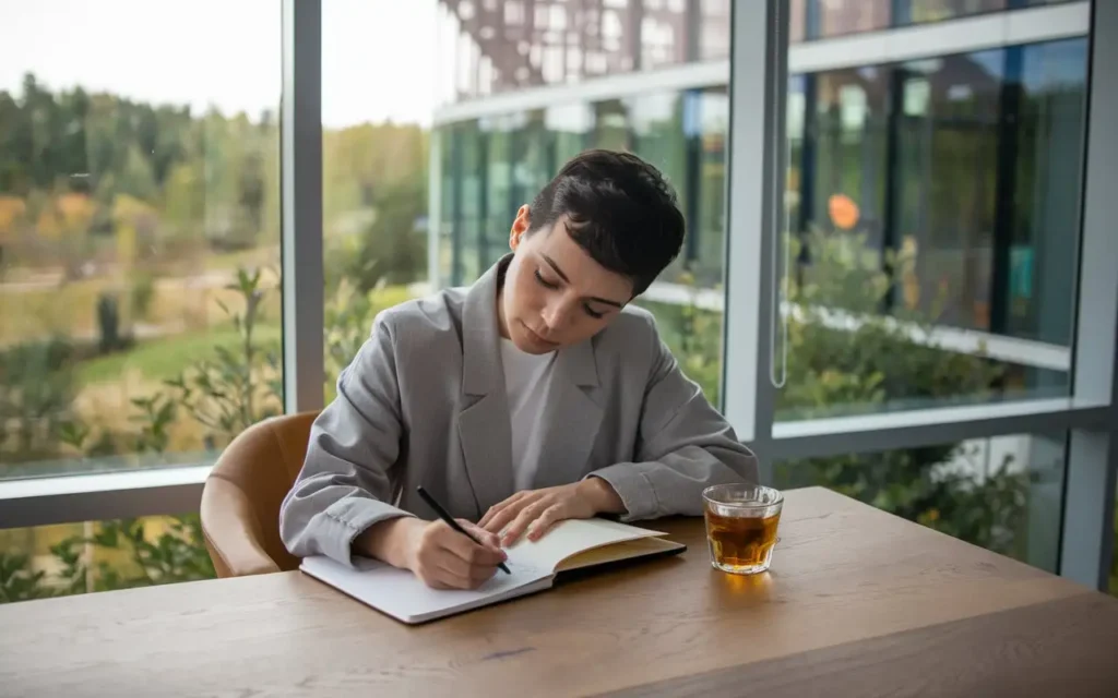 A focused individual journaling while fasting, with a serene backdrop