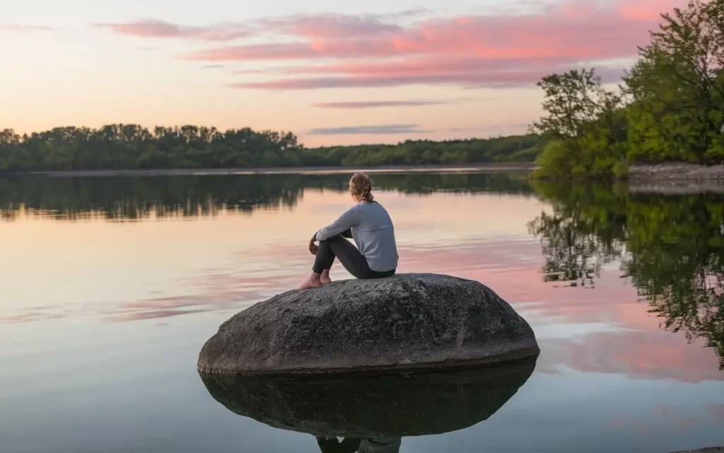 A person reflecting by a lake, symbolizing emotional healing through fasting